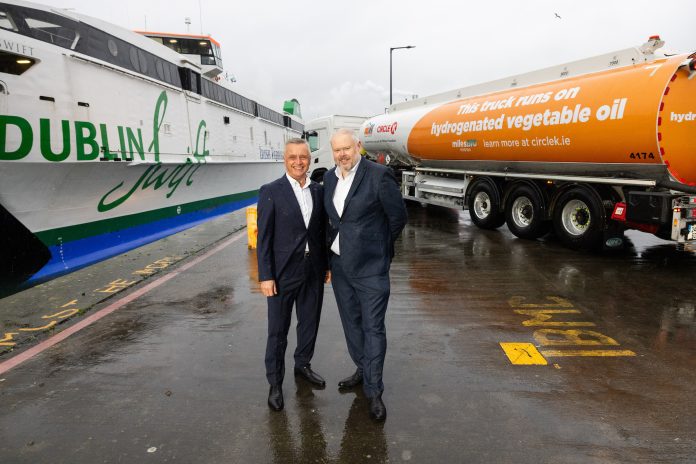 Andrew Sheen, MD of Irish Ferries, and Paul Balfe, Commercial & BMS Director at Circle K, pictured as Irish Ferries announces a new partnership with Circle K, with the Dublin Swift now running on HVO fuel on the Dub