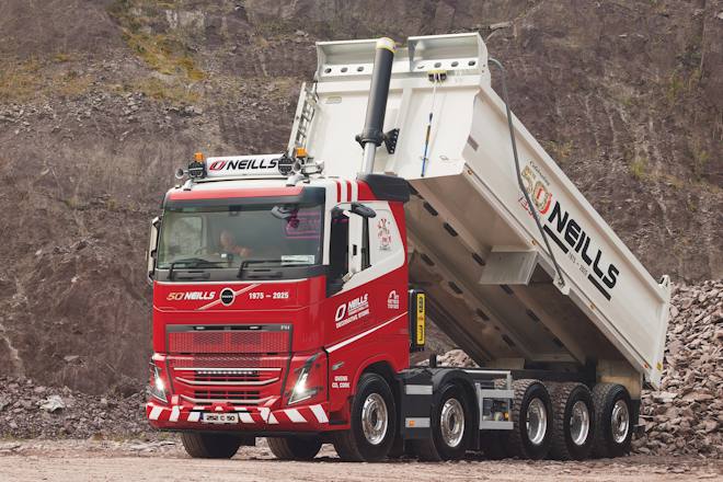 Cork’s Finbarr O’Neill’s special Volvo FH 500 10×4 tipper, liveried to mark 50 years in business